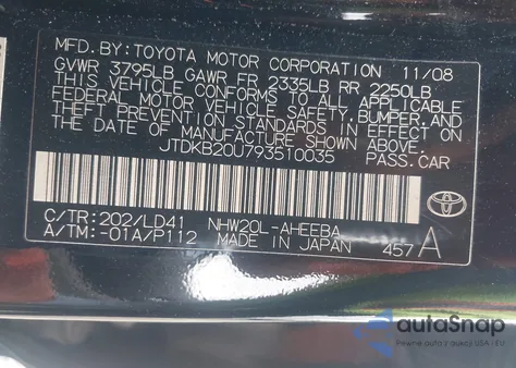 2009 Toyota Prius from USA, damaged, VIN JTDKB20U793510035